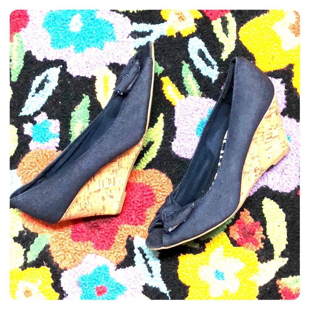 Cork denim wedges